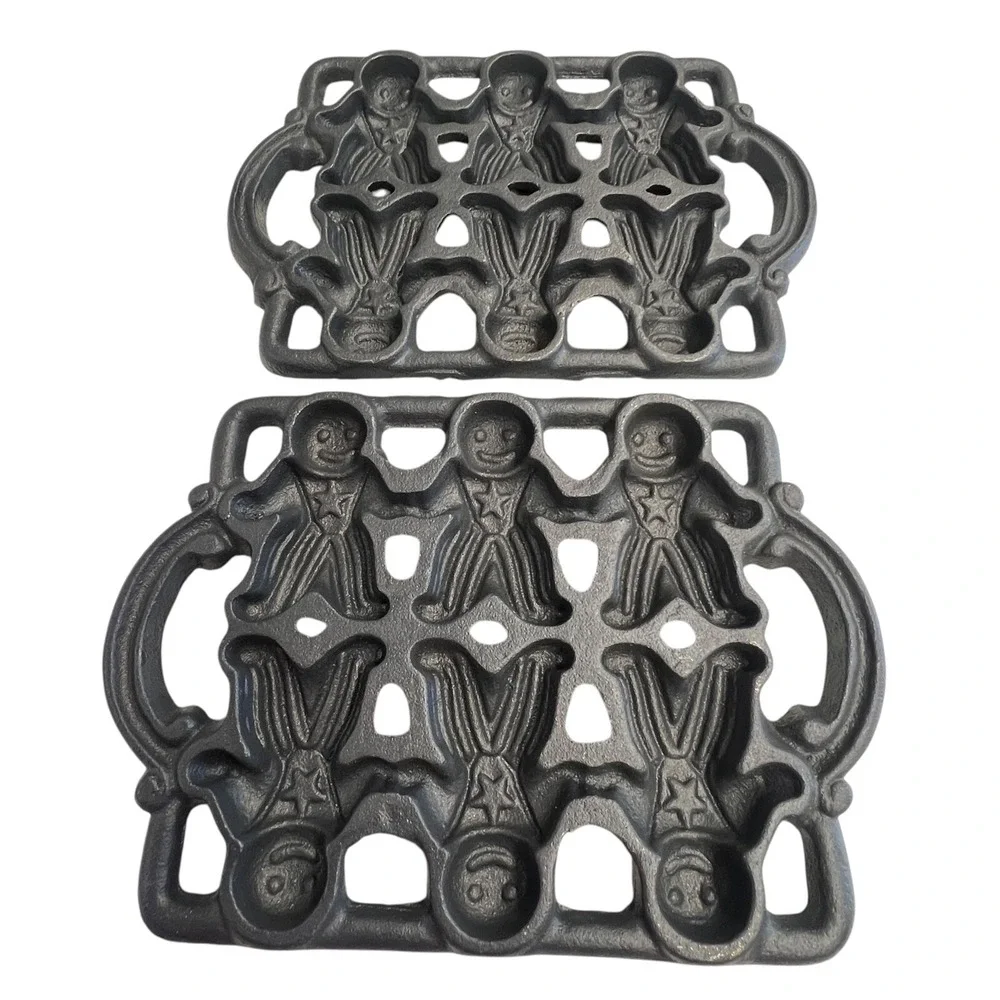 2 Cast Iron Mold Gingerbread Men Vintage Corn Bread Muffin‎ Pan Christmasf